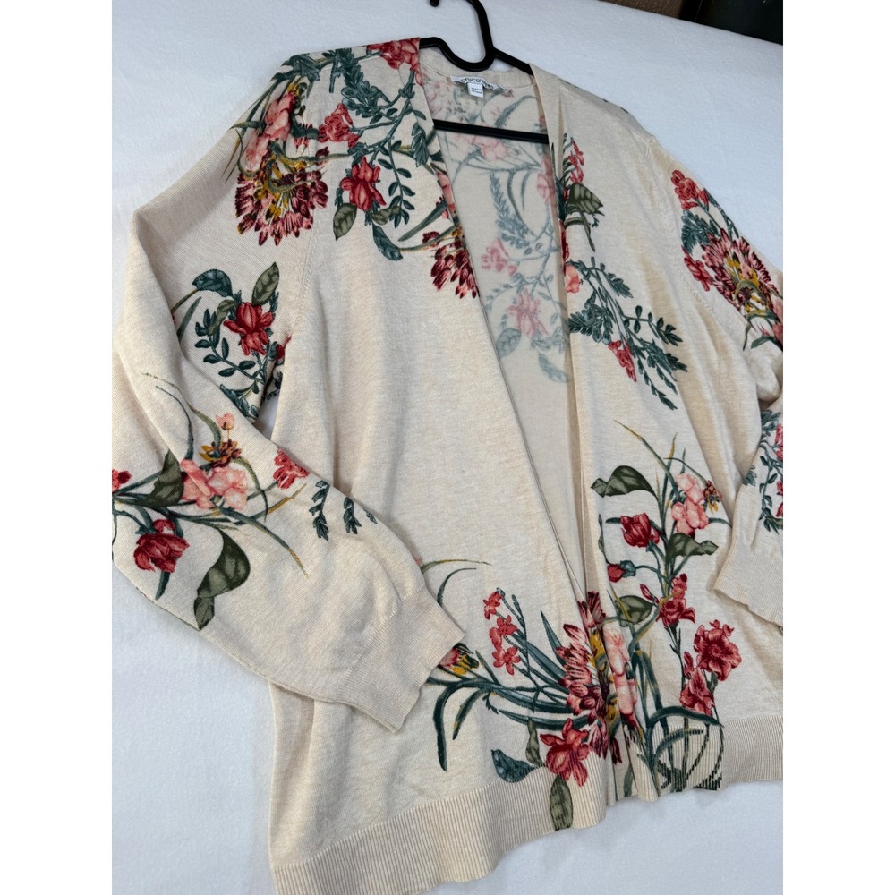 Chico's Size 3 XL Cardigan Floral Cottagecore Rayon Knit Open Front Sweater